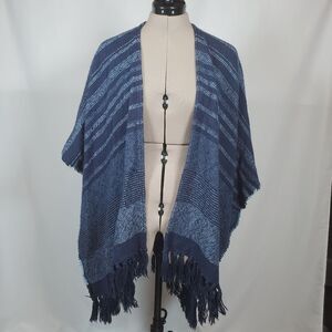 Aerie Women's One Size Blue White 100% Cotton Fringe Poncho Boho Heavyweight